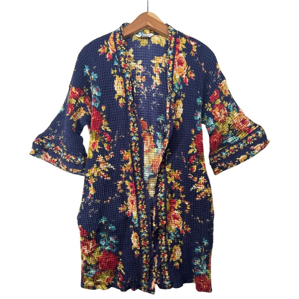 April Cornell Womens Robe Sz S/M Navy Floral Waffle Textured CottageCore Boho